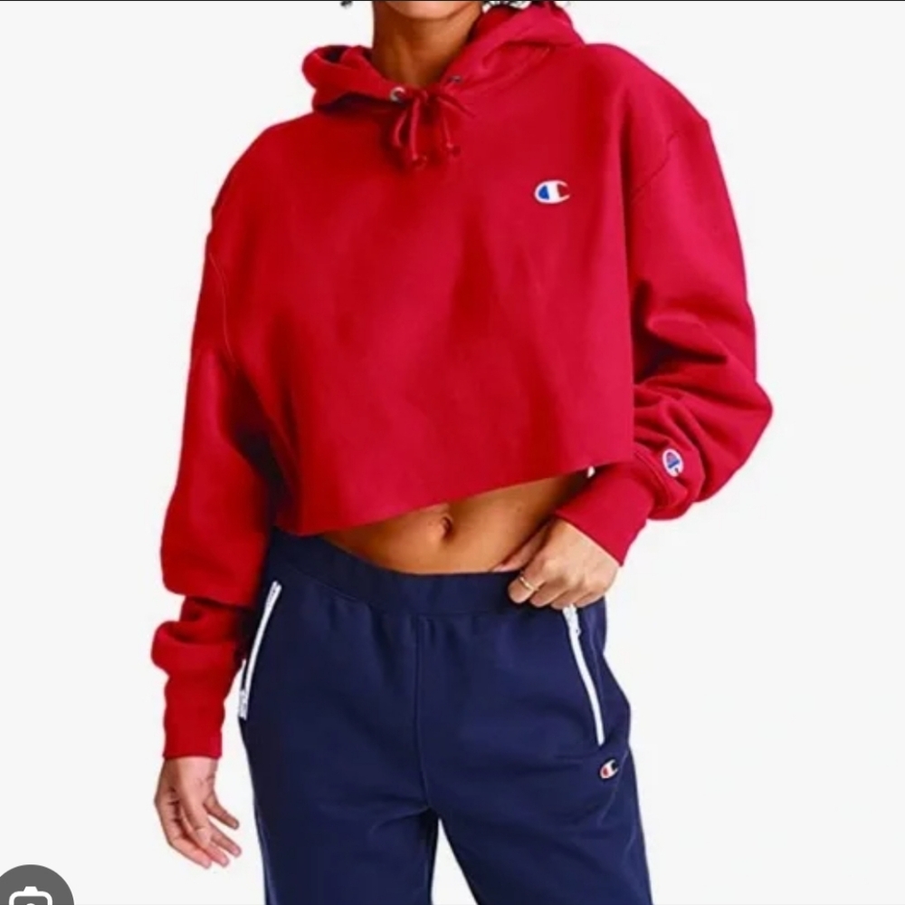 Champion Reverse Weave Red Cropped Cut-Off Pullover Hoodie